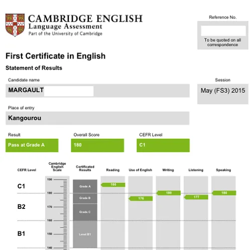 Résultats Cambridge Exams C1 score 180