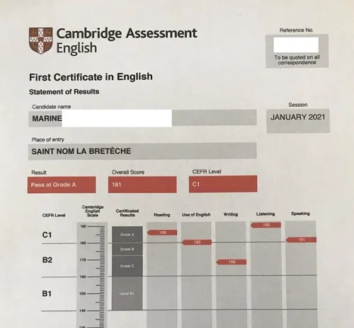 Résultats Cambridge Exams C1 score 181